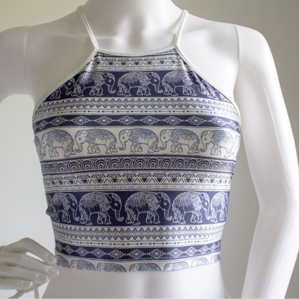 Halter Neck Self-Tie Women's African Elephant Graphic Print Crop Top Size Small - Picture 3 of 7